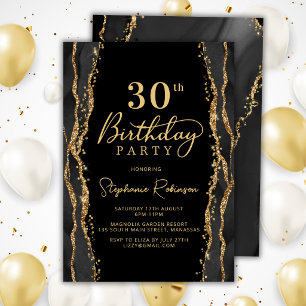 Elegant Black Gold Agate 30th Birthday Invitation