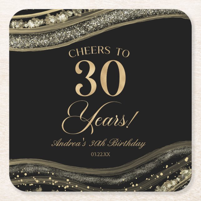 Elegant Black Gold Agate 30th Birthday Party Square Paper Coaster (Front)