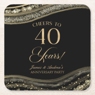 Elegant Black Gold Agate 40th Anniversary Party Square Paper Coaster