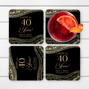 Elegant Black Gold Agate 40th Anniversary Party Square Paper Coaster
