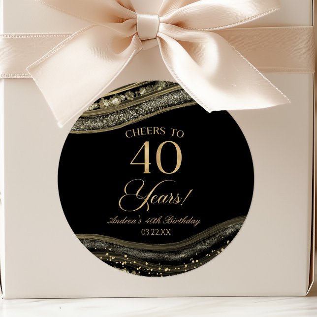 Elegant Black Gold Agate 40th Birthday Party Classic Round Sticker (Creator Uploaded)