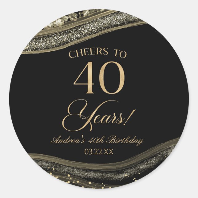 Elegant Black Gold Agate 40th Birthday Party Classic Round Sticker (Front)