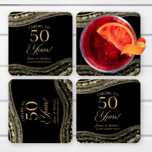 Elegant Black Gold Agate 50th Anniversary Party Square Paper Coaster