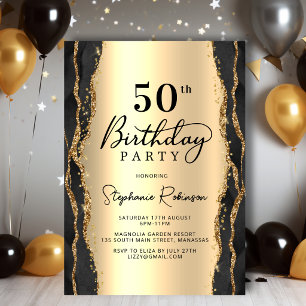 Elegant Black Gold Agate 50th Birthday Invitation