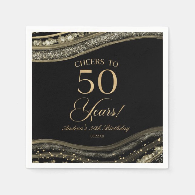 Elegant Black Gold Agate 50th Birthday Party Napkin (Front)