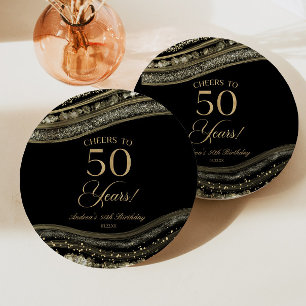 Elegant Black Gold Agate 50th Birthday Party Paper Plate