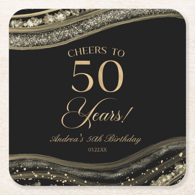 Elegant Black Gold Agate 50th Birthday Party Square Paper Coaster (Front)