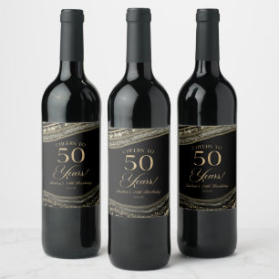Elegant Black Gold Agate 50th Birthday Party Wine Label