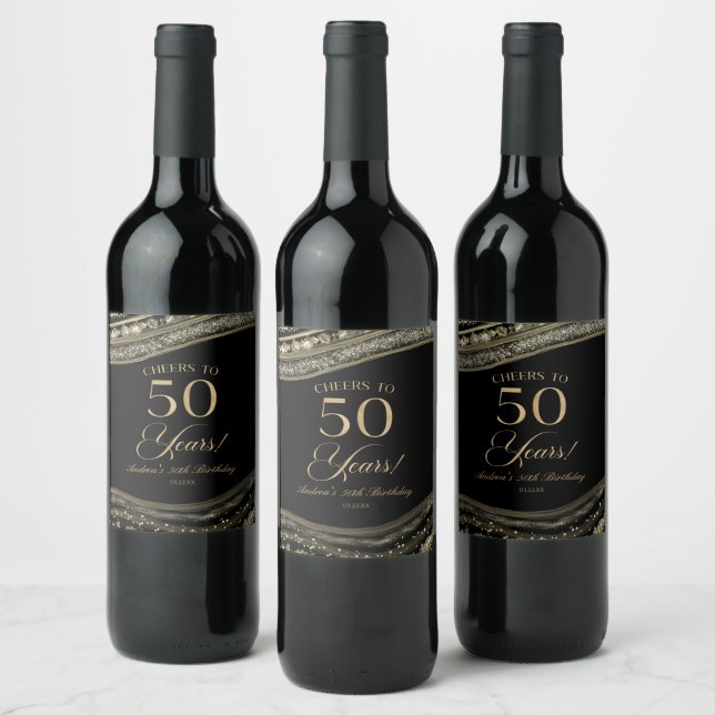 Elegant Black Gold Agate 50th Birthday Party Wine Label (Bottles)