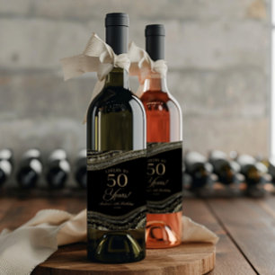 Elegant Black Gold Agate 50th Birthday Party Wine Label