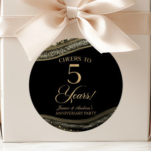 Elegant Black Gold Agate 5th Anniversary Party Classic Round Sticker