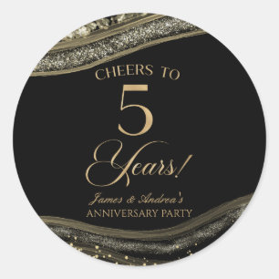 Elegant Black Gold Agate 5th Anniversary Party Classic Round Sticker