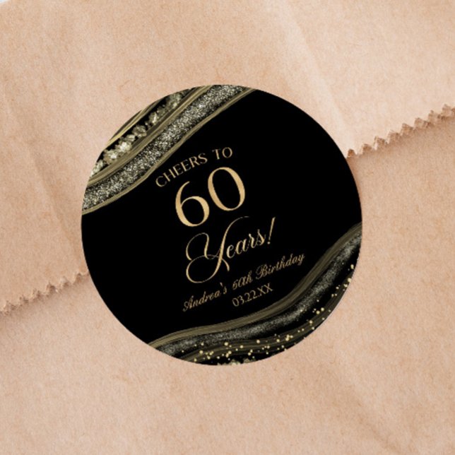 Elegant Black Gold Agate 60th Birthday Party Classic Round Sticker (Creator Uploaded)