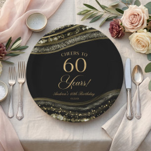 Elegant Black Gold Agate 60th Birthday Party Paper Plate