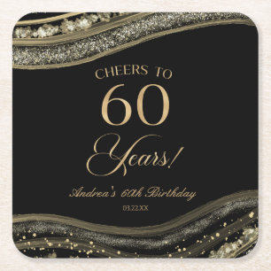 Elegant Black Gold Agate 60th Birthday Party Square Paper Coaster