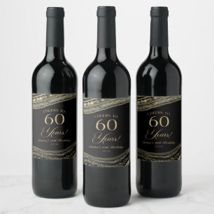 Elegant Black Gold Agate 60th Birthday Party Wine Label