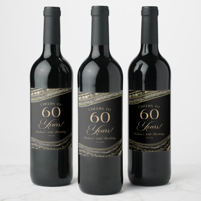 Elegant Black Gold Agate 60th Birthday Party Wine Label (Bottles)