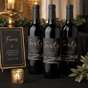 Elegant Black Gold Agate 60th Birthday Wine Label