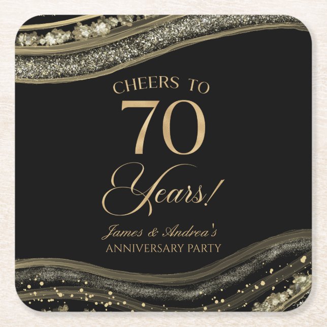 Elegant Black Gold Agate 70th Anniversary Party Square Paper Coaster (Front)