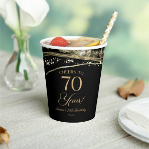 Elegant Black Gold Agate 70th Birthday Party Paper Cups