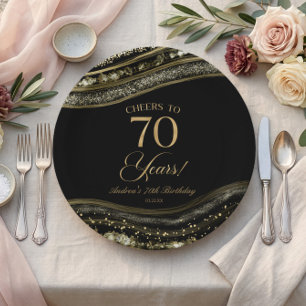 Elegant Black Gold Agate 70th Birthday Party Paper Plate