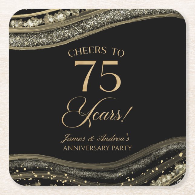 Elegant Black Gold Agate 75th Anniversary Party Square Paper Coaster (Front)