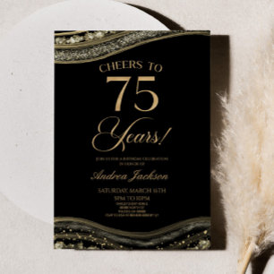 Elegant Black Gold Agate 75th Birthday Party Invitation