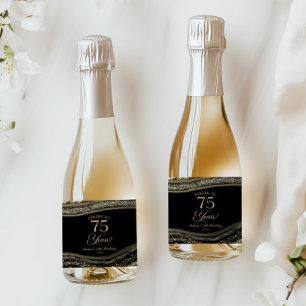 Elegant Black Gold Agate 75th Birthday Party Sparkling Wine Label
