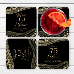 Elegant Black Gold Agate 75th Birthday Party Square Paper Coaster