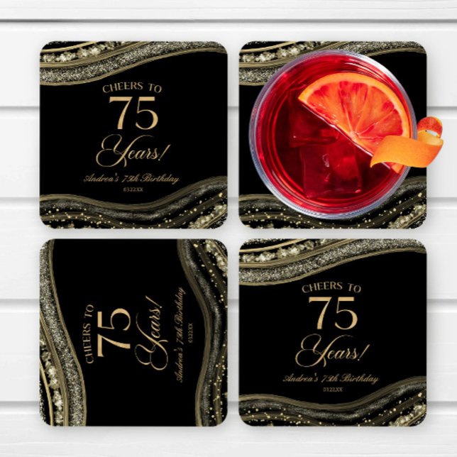 Elegant Black Gold Agate 75th Birthday Party Square Paper Coaster (Creator Uploaded)