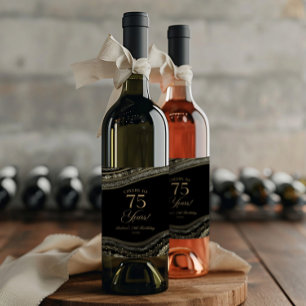 Elegant Black Gold Agate 75th Birthday Party Wine Label