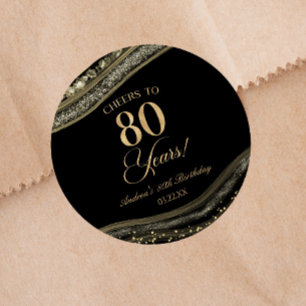 Elegant Black Gold Agate 80th Birthday Party Classic Round Sticker