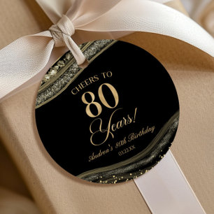 Elegant Black Gold Agate 80th Birthday Party Favour Tags