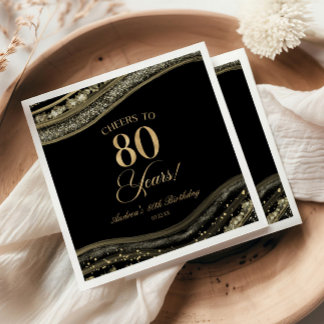 Elegant Black Gold Agate 80th Birthday Party Napkin