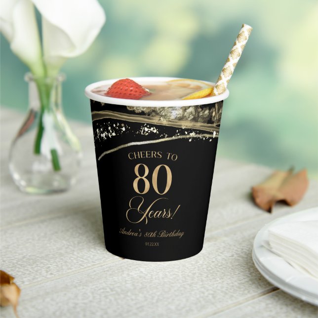 Elegant Black Gold Agate 80th Birthday Party Paper Cups (Insitu)