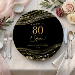 Elegant Black Gold Agate 80th Birthday Party Paper Plate