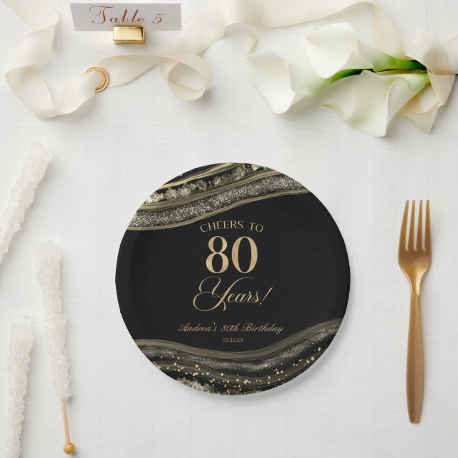 Elegant Black Gold Agate 80th Birthday Party Paper Plate (Wedding)