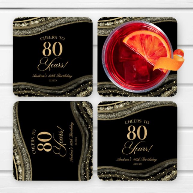 Elegant Black Gold Agate 80th Birthday Party Square Paper Coaster (Creator Uploaded)