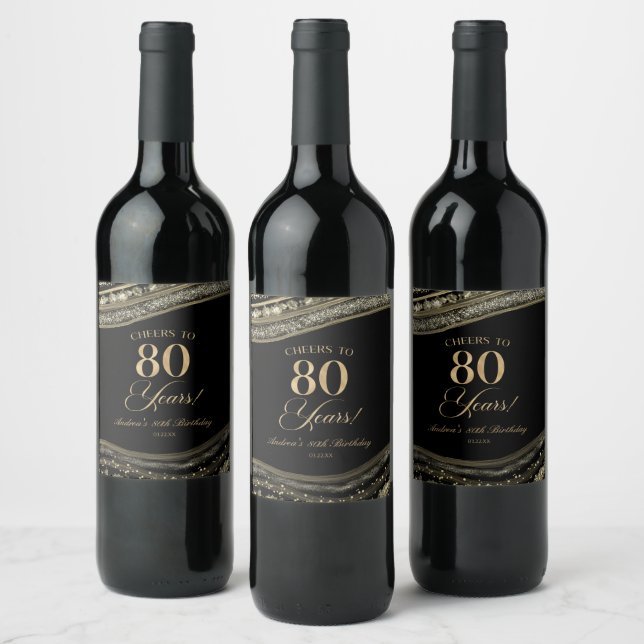 Elegant Black Gold Agate 80th Birthday Party Wine Label (Bottles)