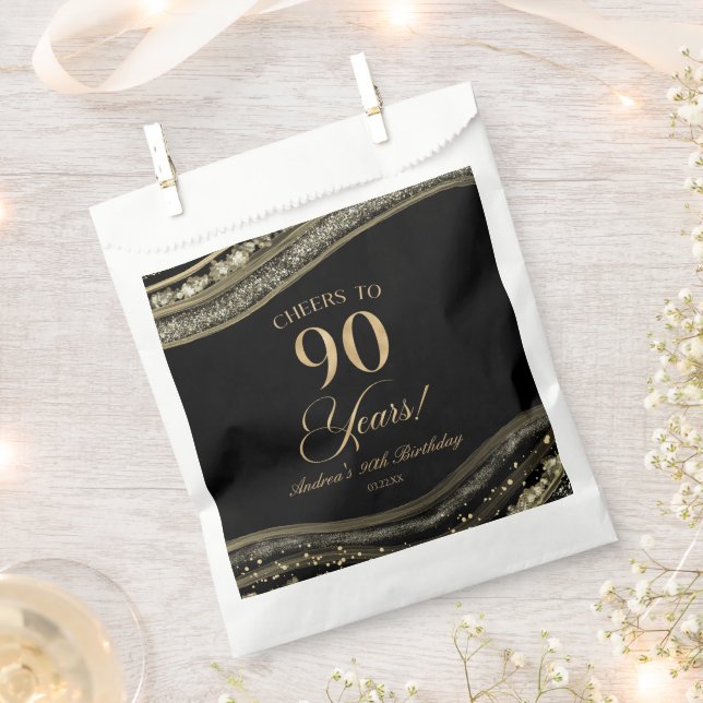 Elegant Black Gold Agate 90th Birthday Party Favour Bag (Clipped)