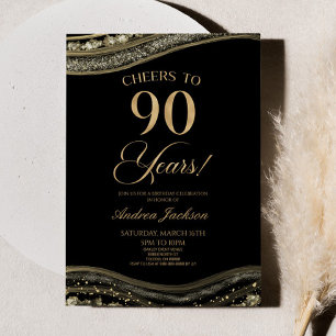 Elegant Black Gold Agate 90th Birthday Party Invitation