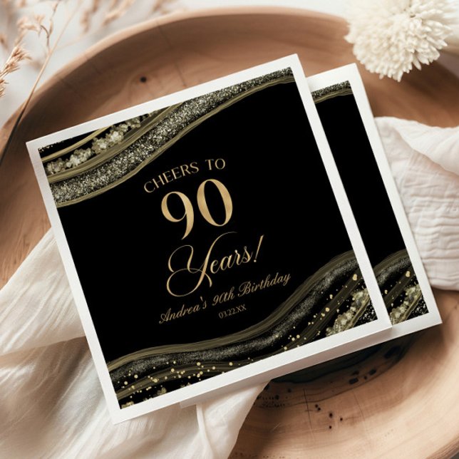 Elegant Black Gold Agate 90th Birthday Party Napkin (Creator Uploaded)