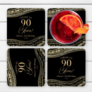 Elegant Black Gold Agate 90th Birthday Party Square Paper Coaster