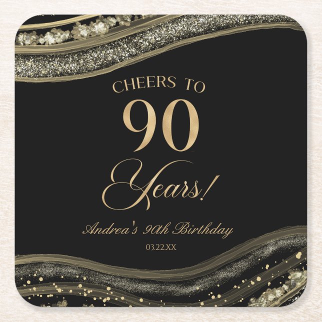 Elegant Black Gold Agate 90th Birthday Party Square Paper Coaster (Front)