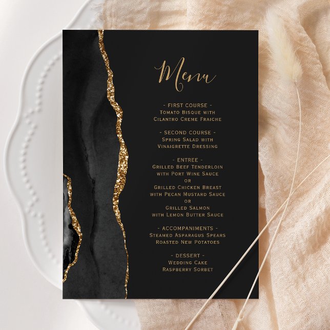 Elegant Black Gold Agate Dark Wedding Menu (Creator Uploaded)