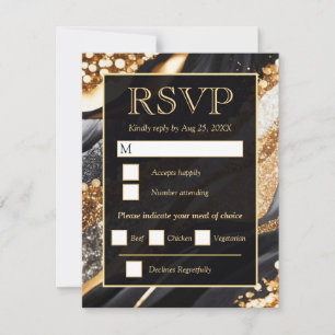 Elegant Black Gold Agate Glitter Wedding RSVP Card