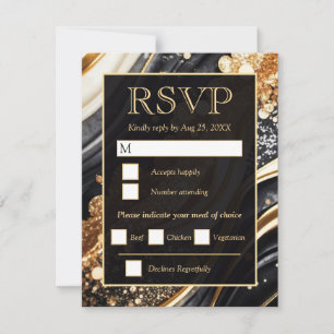 Elegant Black Gold Agate Glitter Wedding RSVP Card