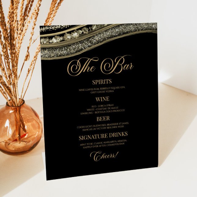 Elegant Black Gold Agate Party Bar Menu Pedestal Sign (Creator Uploaded)
