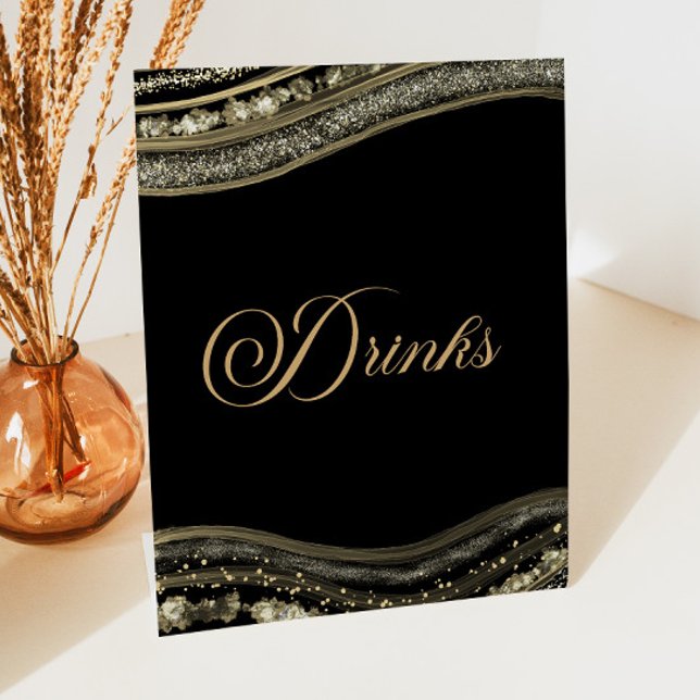Elegant Black Gold Agate Party Drinks Pedestal Sign (Creator Uploaded)