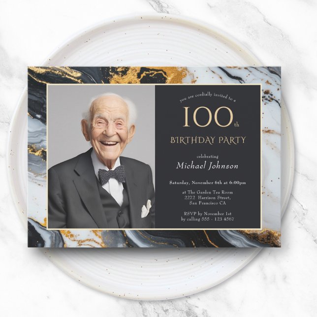 Elegant Black Gold Agate Photo 100th Birthday Invitation (Elegant Black Gold Agate Photo 100th Birthday Invitation)